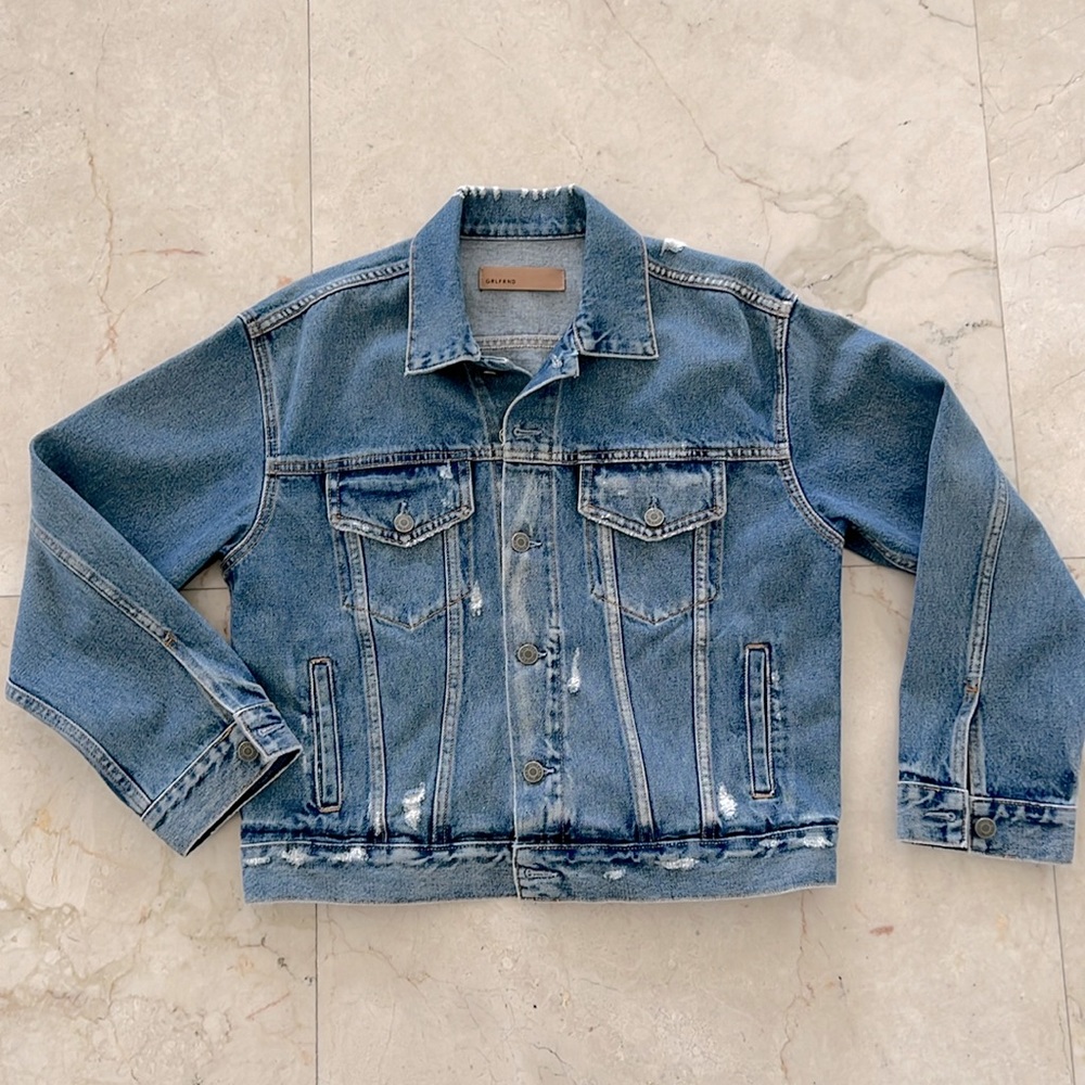 GRLFRND- oversized mid-blue jean jacket with distressing, size Small💙 Like New!